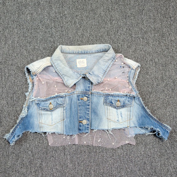 Cello Y2K Distressed Denim Vest 3X Blue Pink Mesh Pearl Sequin Cropped Festival — photo 2